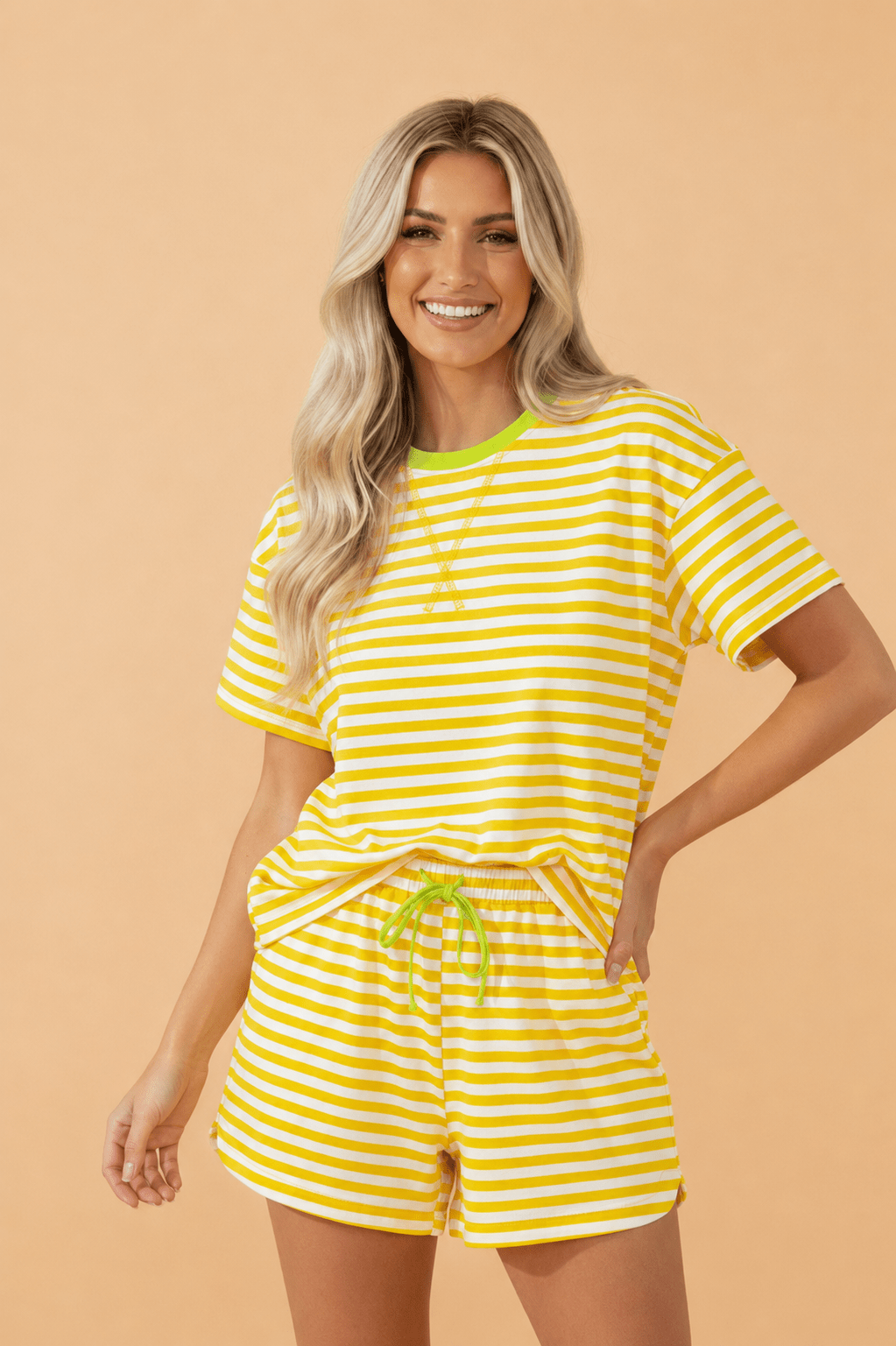 Stripe Contrast Trim Tee & Drawstring Shorts Set - Rooted & Reckless Co.