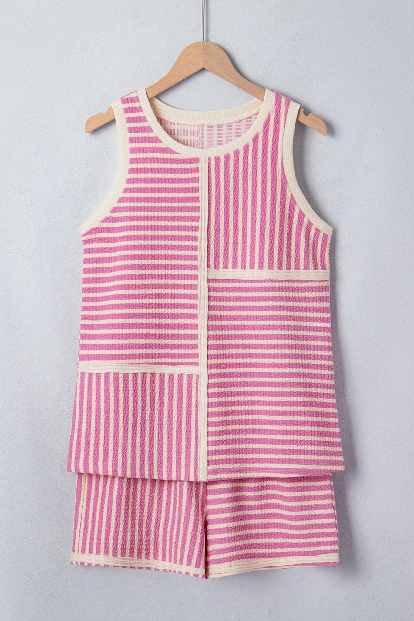 Stripe Contrast Trim Textured Tank & Shorts Set - Rooted & Reckless Co.