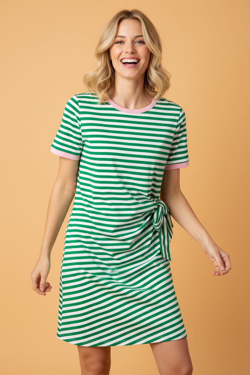 Stripe Contrast Trim Tie Waist Mini Dress - Rooted & Reckless Co.