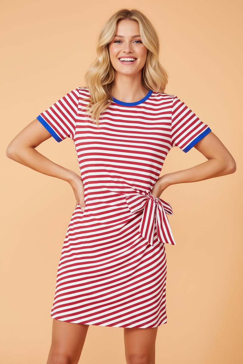 Stripe Contrast Trim Tie Waist Mini Dress - Rooted & Reckless Co.