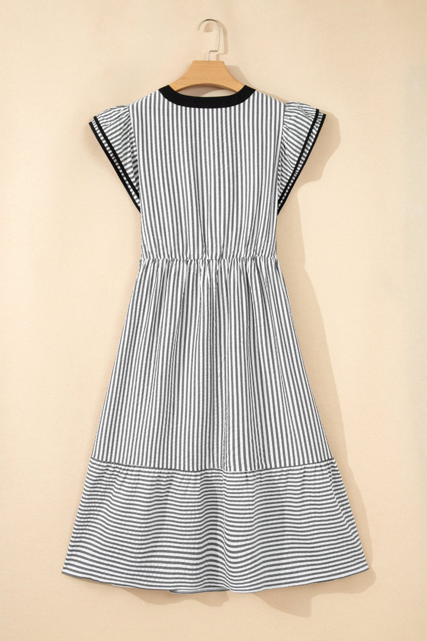 Stripe Contrast V-Neck Flutter Sleeve Midi Dress - Rooted & Reckless Co.