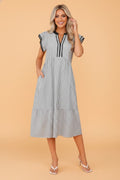 Stripe Contrast V-Neck Flutter Sleeve Midi Dress - Rooted & Reckless Co.