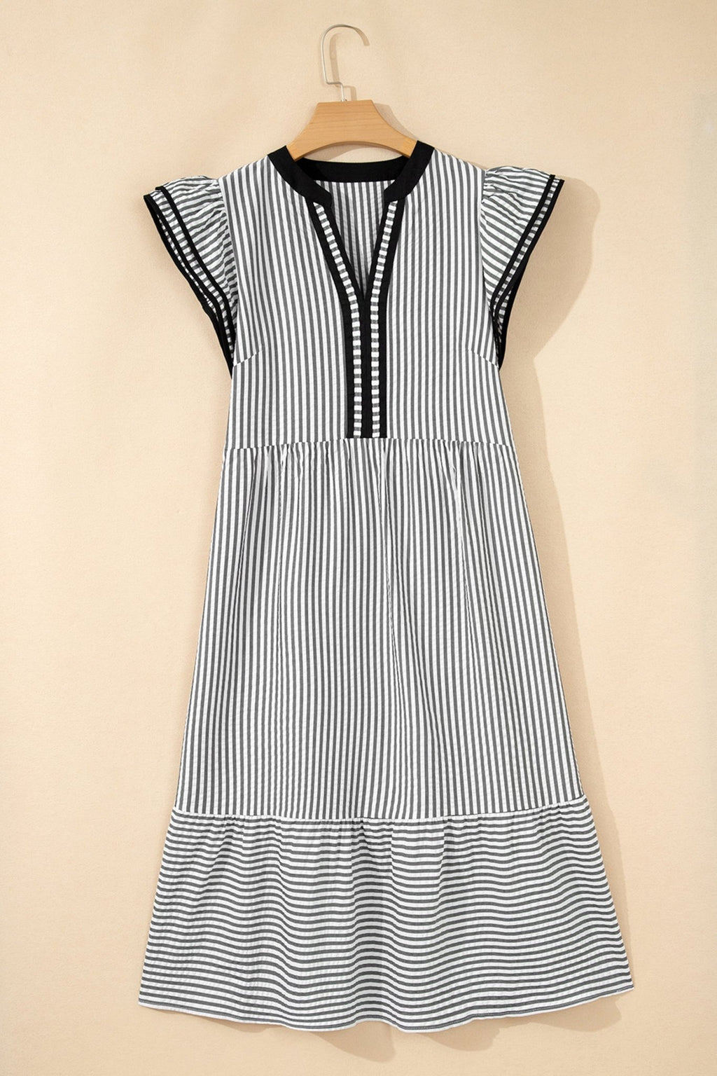 Stripe Contrast V-Neck Flutter Sleeve Midi Dress - Rooted & Reckless Co.
