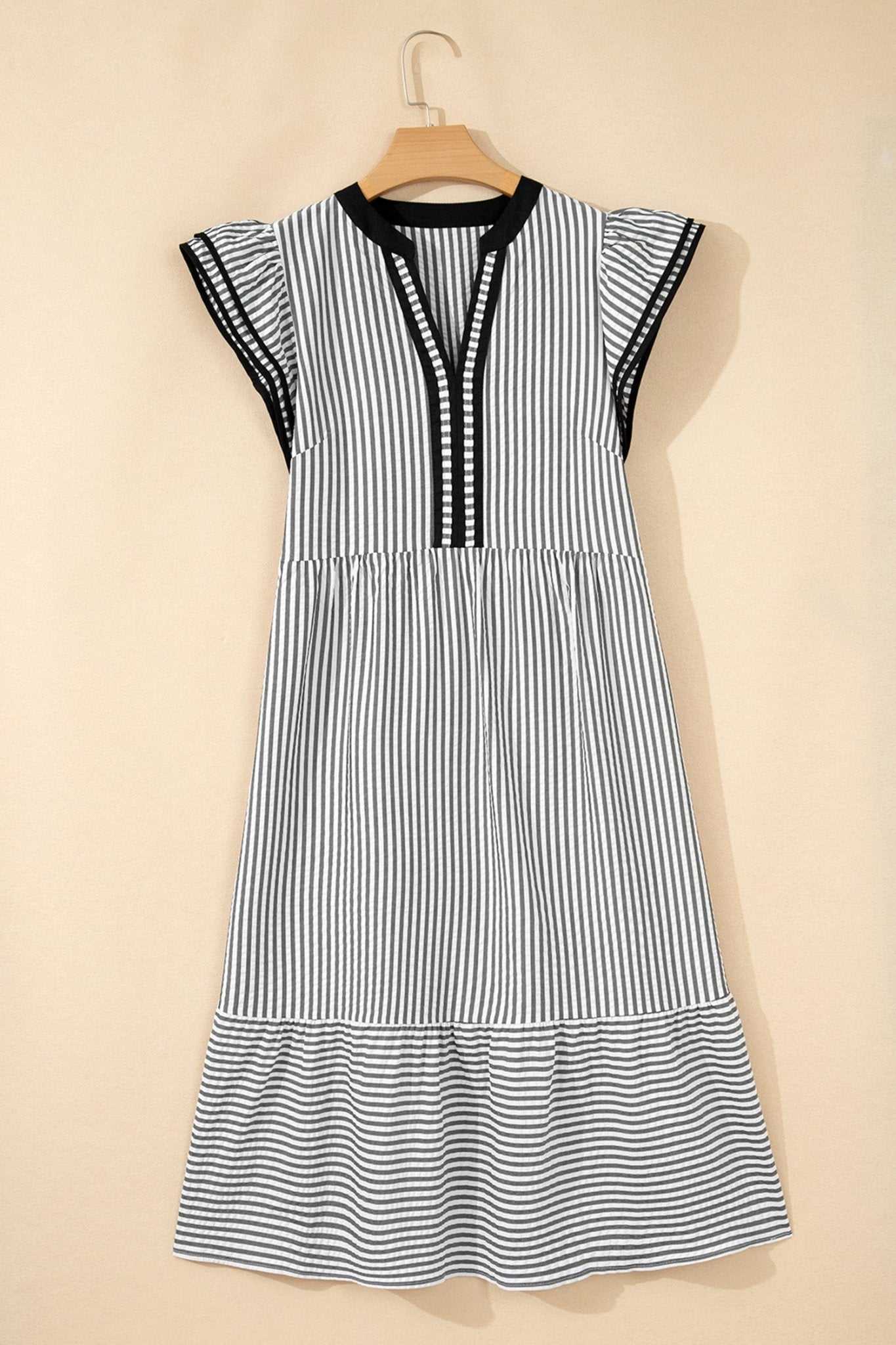 Stripe Contrast V-Neck Flutter Sleeve Midi Dress - Rooted & Reckless Co.