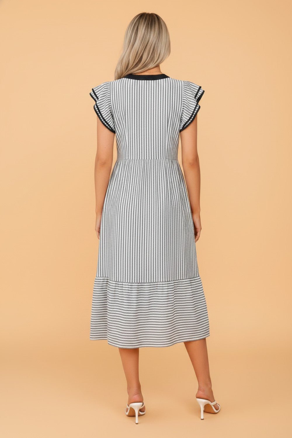 Stripe Contrast V-Neck Flutter Sleeve Midi Dress - Rooted & Reckless Co.