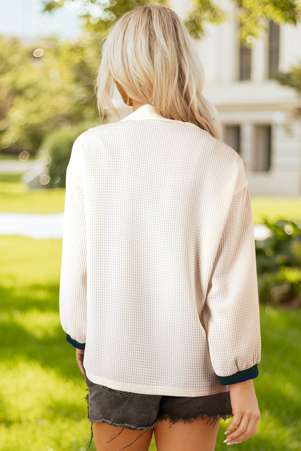 Stripe Contrast Waffle Knit Zip Up Polo Sweatshirt - Rooted & Reckless Co.