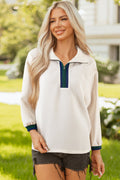 Stripe Contrast Waffle Knit Zip Up Polo Sweatshirt - Rooted & Reckless Co.