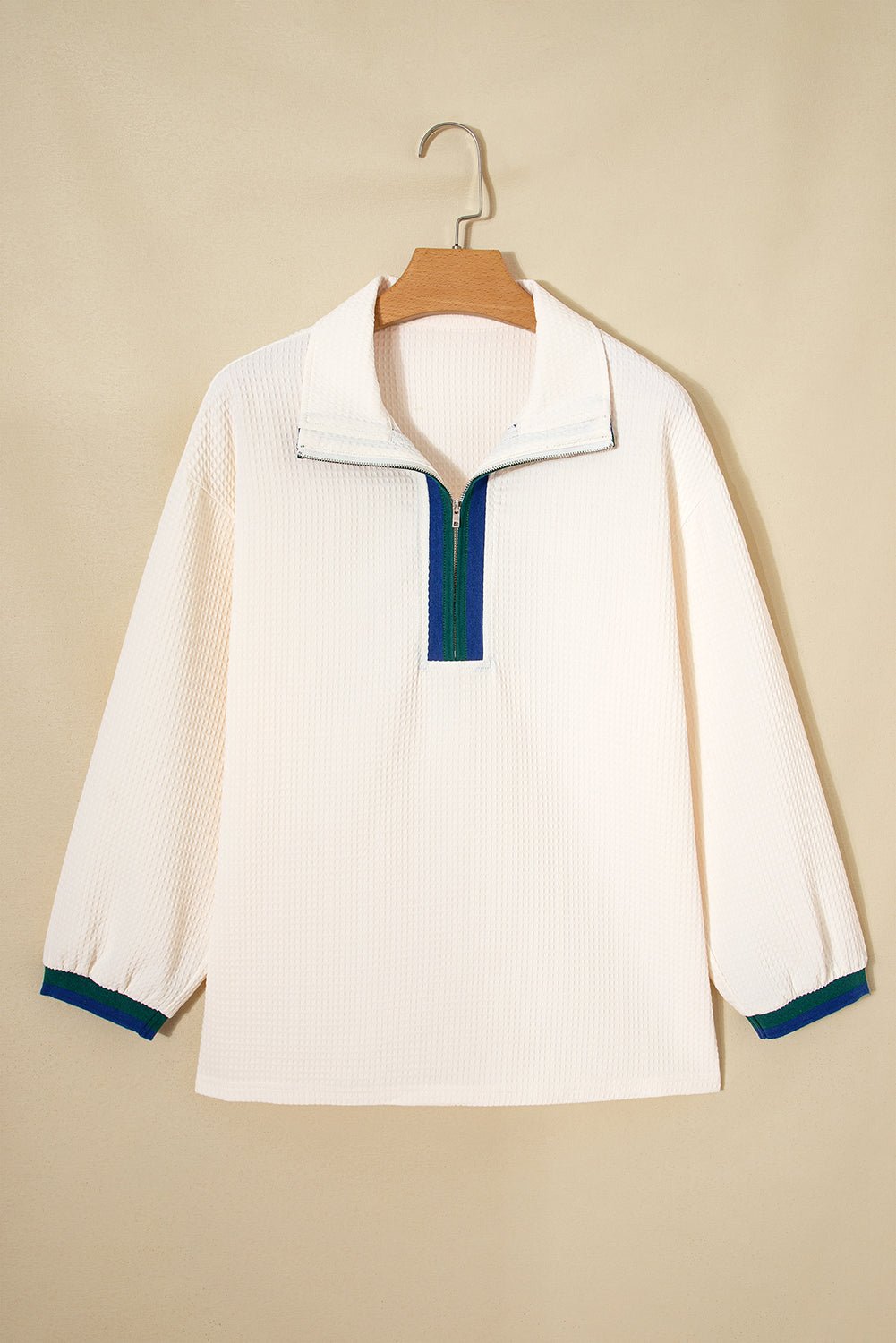 Stripe Contrast Waffle Knit Zip Up Polo Sweatshirt - Rooted & Reckless Co.