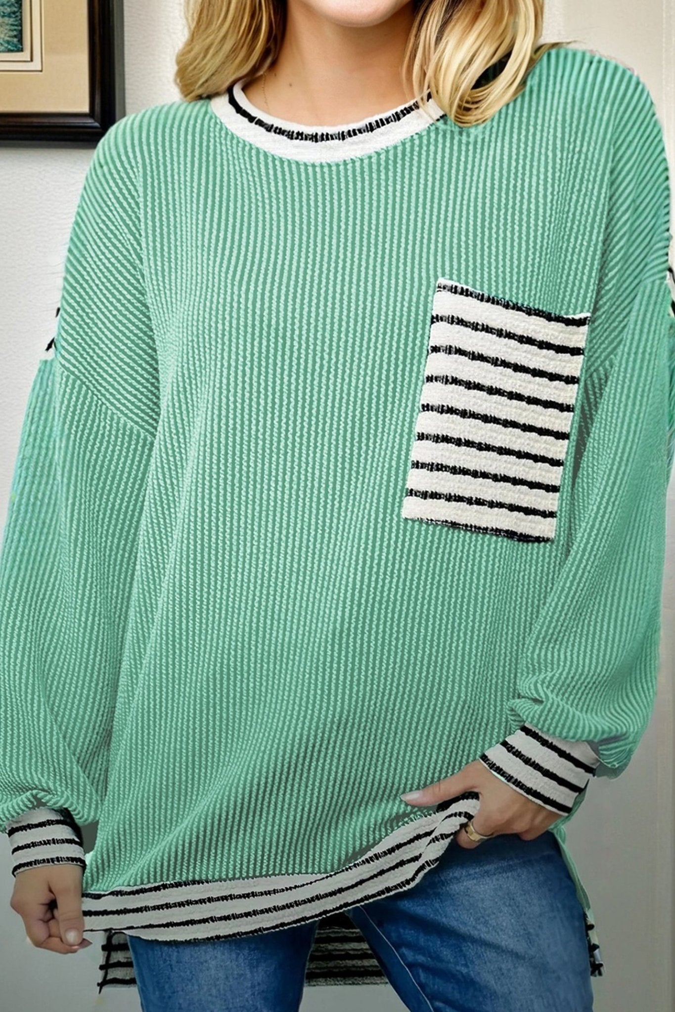 Stripe Corded Knit Patchwork Long Sleeve Top - Rooted & Reckless Co.