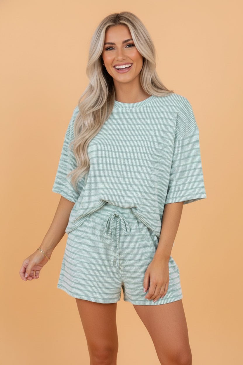 Stripe Corded Knit Tee & Drawstring Short Set - Rooted & Reckless Co.