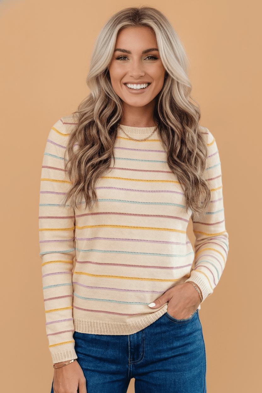 Stripe Crew Neck Long Sleeve Knit Sweater - Rooted & Reckless Co.