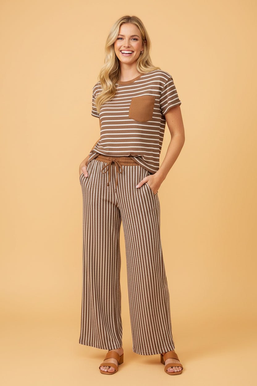 Stripe Crew Neck Tee and Drawstring Pants Set - Rooted & Reckless Co.