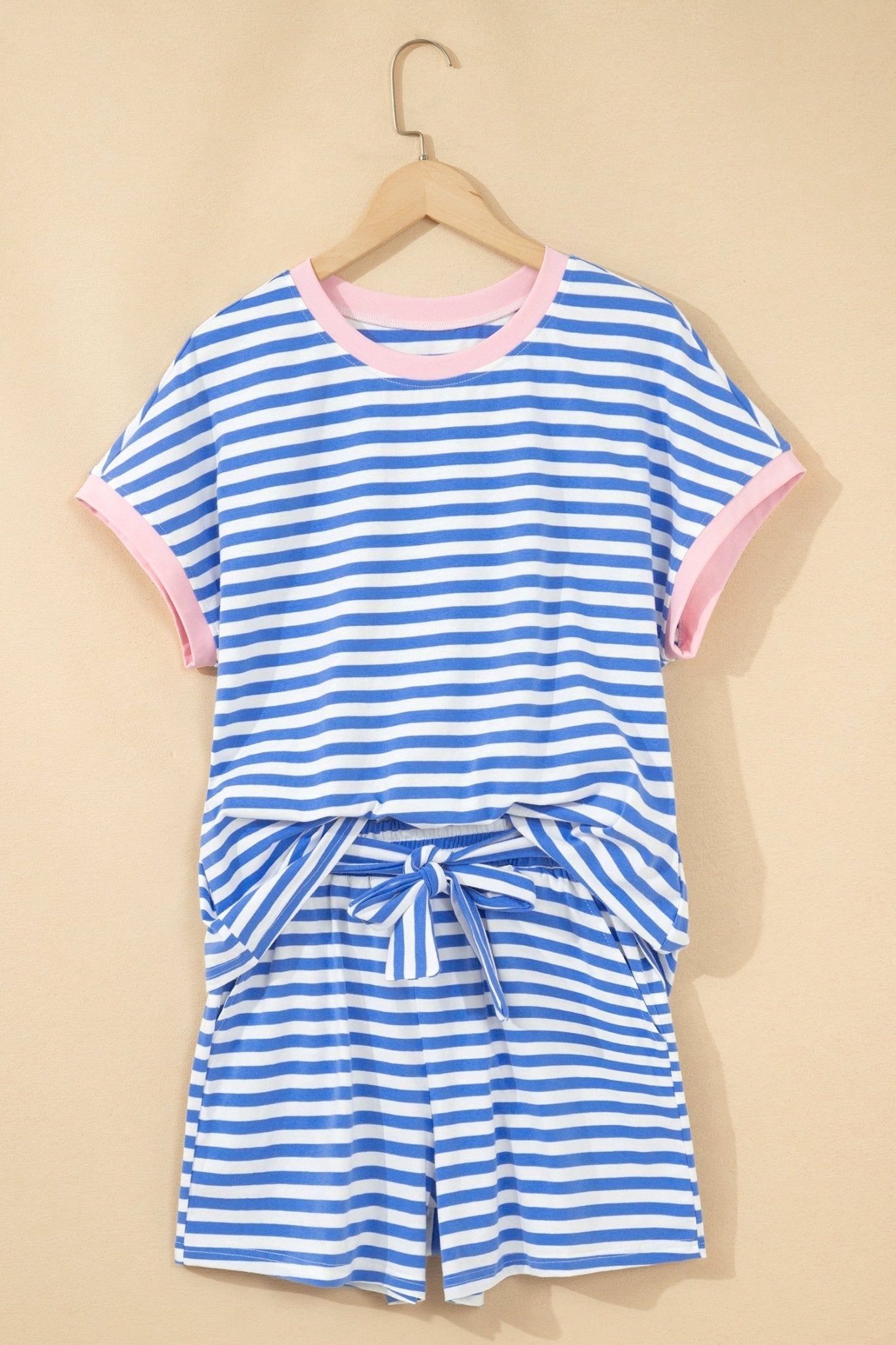 Stripe Crewneck Tee & Tie Waist Shorts Set - Rooted & Reckless Co.