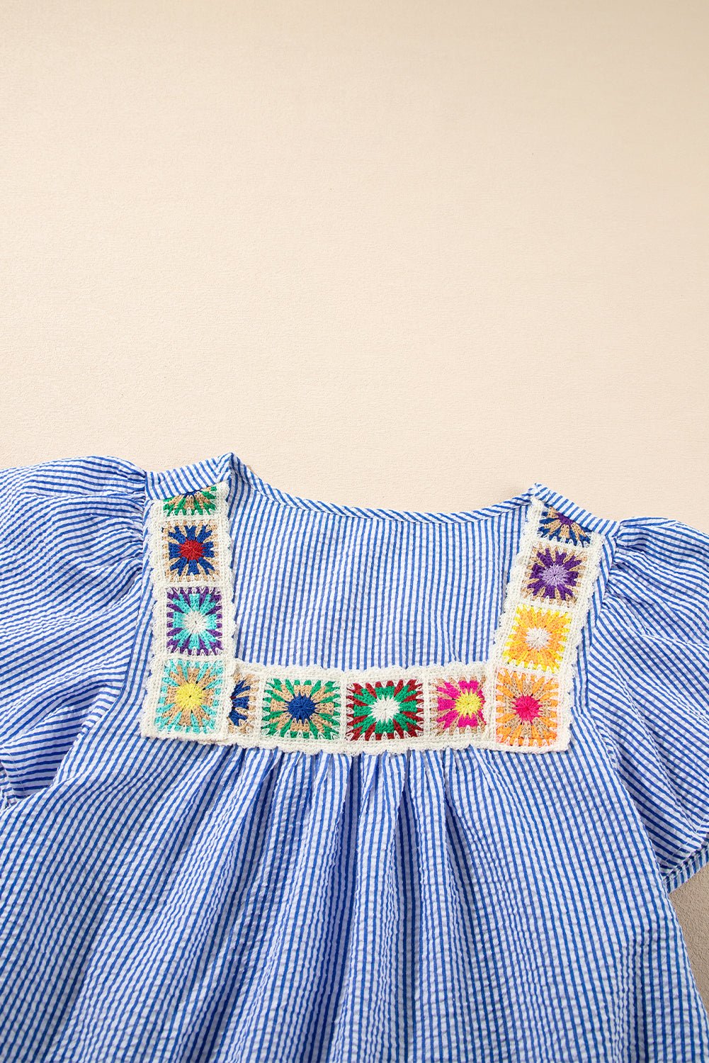 Stripe Crochet Square Neck Textured Ruffle Sleeve Blouse - Rooted & Reckless Co.