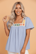 Stripe Crochet Square Neck Textured Ruffle Sleeve Blouse - Rooted & Reckless Co.