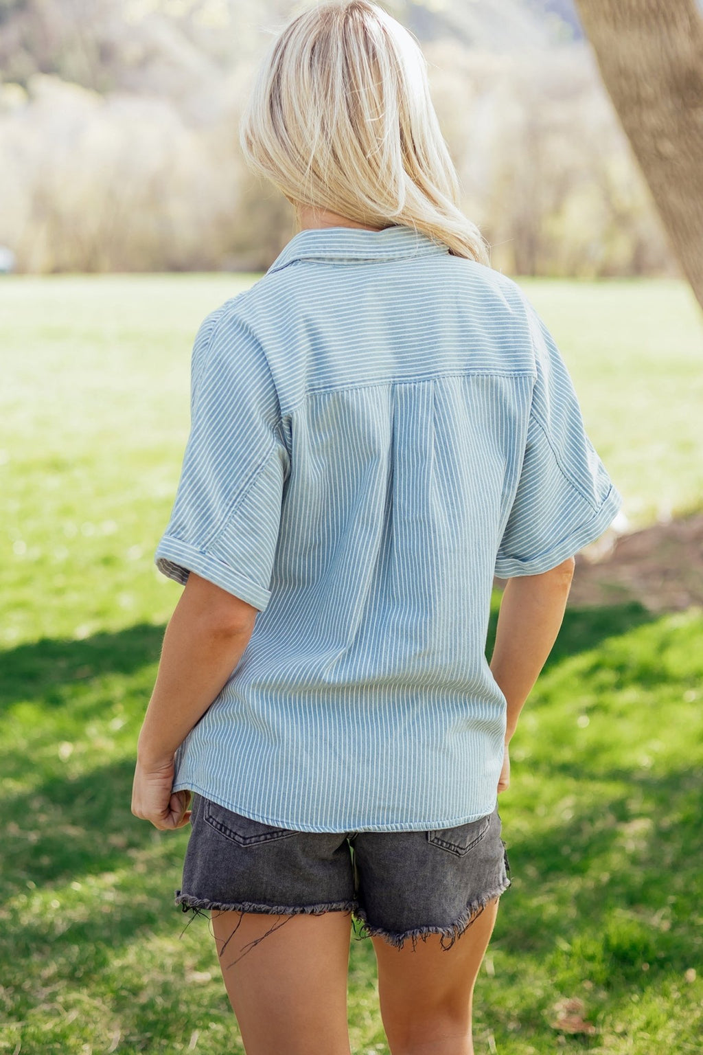 Stripe Cuffed Short Sleeve Button Up Shirt - Rooted & Reckless Co.
