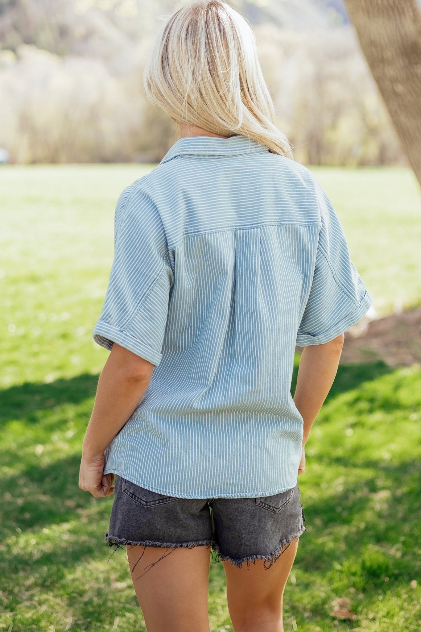 Stripe Cuffed Short Sleeve Button Up Shirt - Rooted & Reckless Co.