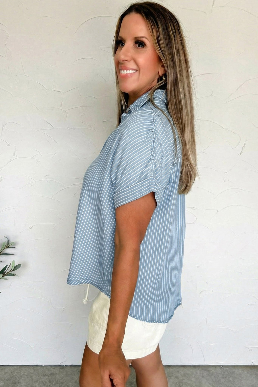 Stripe Cuffed Short Sleeve Button Up Shirt - Rooted & Reckless Co.