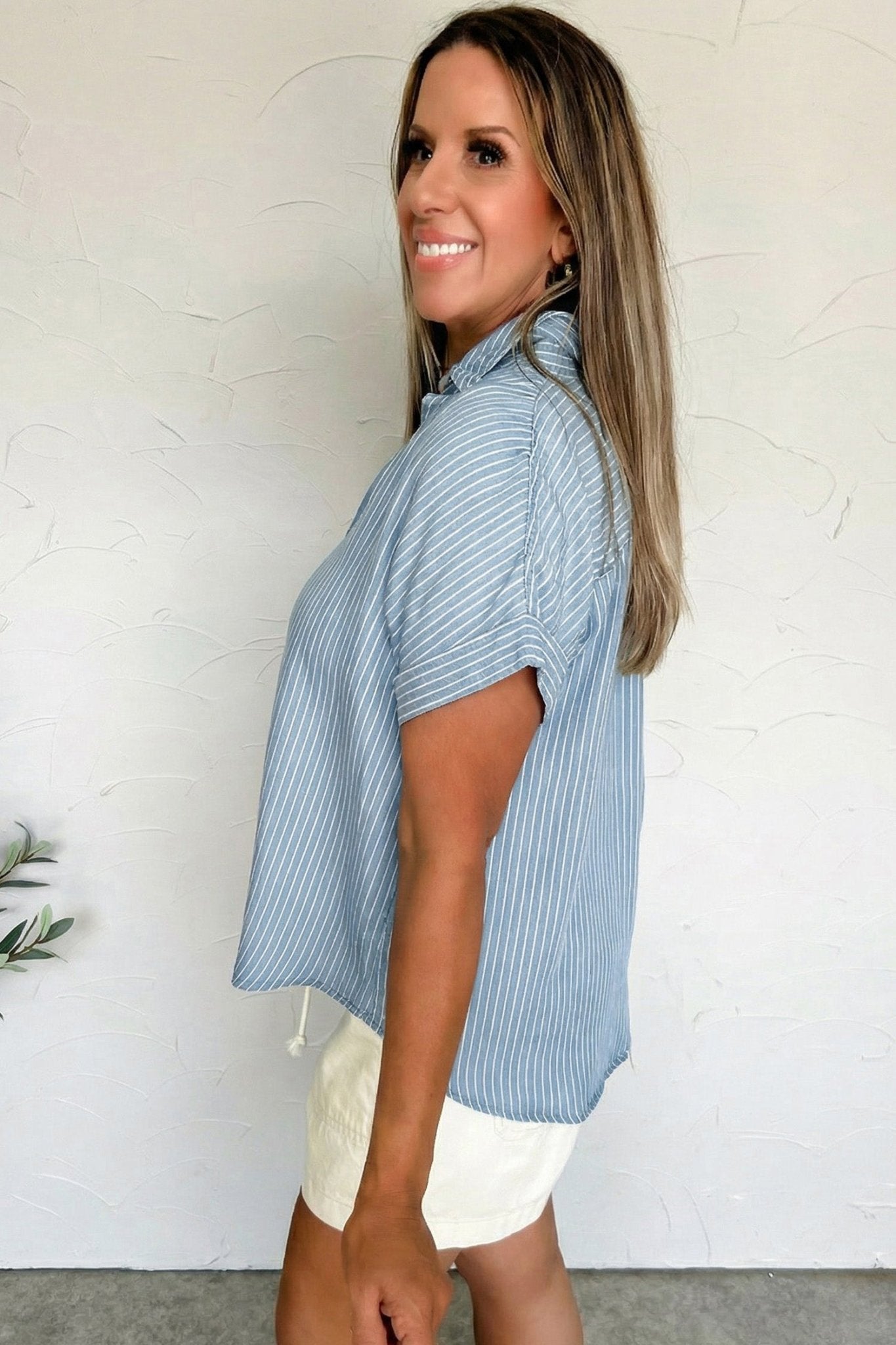Stripe Cuffed Short Sleeve Button Up Shirt - Rooted & Reckless Co.
