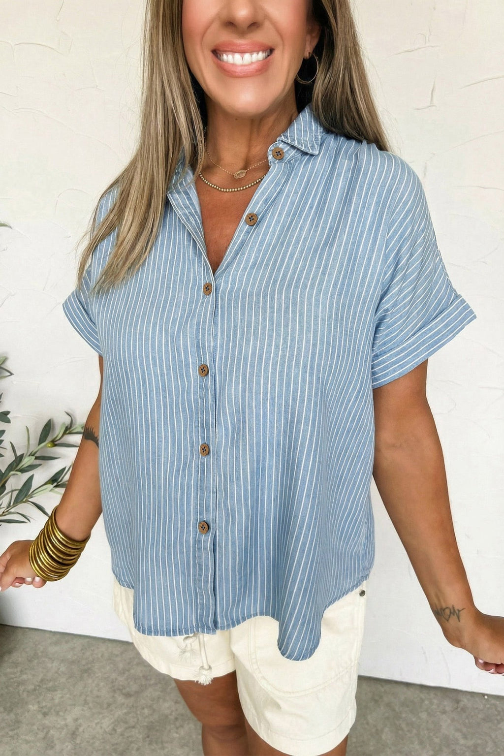 Stripe Cuffed Short Sleeve Button Up Shirt - Rooted & Reckless Co.
