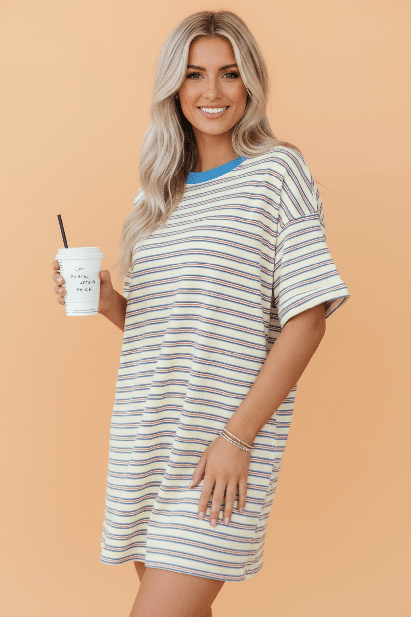 Stripe Cuffed Short Sleeve Mini T-Shirt Dress - Rooted & Reckless Co.