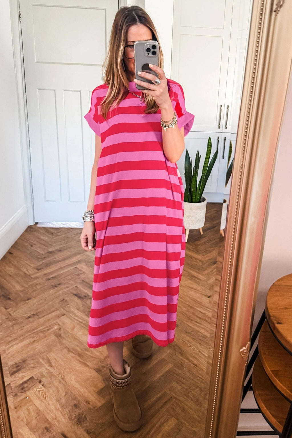 Stripe Cuffed Short Sleeve T-Shirt Long Dress w/ Pockets - Rooted & Reckless Co.
