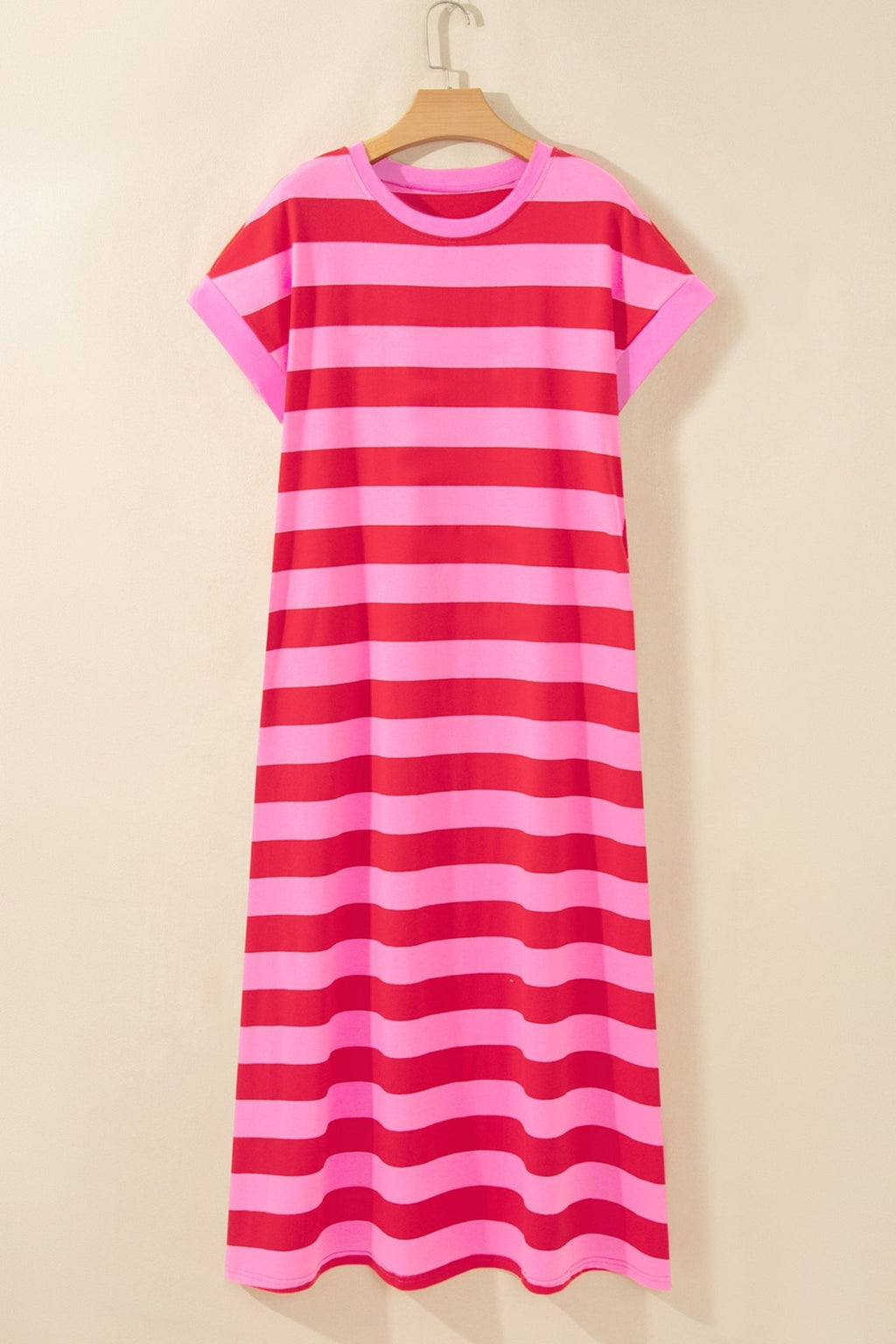 Stripe Cuffed Short Sleeve T-Shirt Long Dress w/ Pockets - Rooted & Reckless Co.