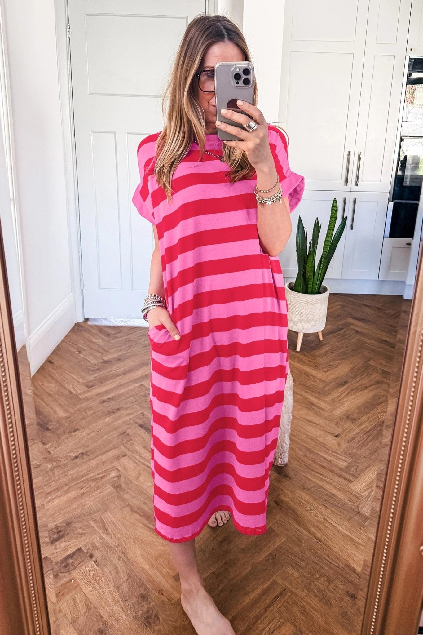 Stripe Cuffed Short Sleeve T-Shirt Long Dress w/ Pockets - Rooted & Reckless Co.