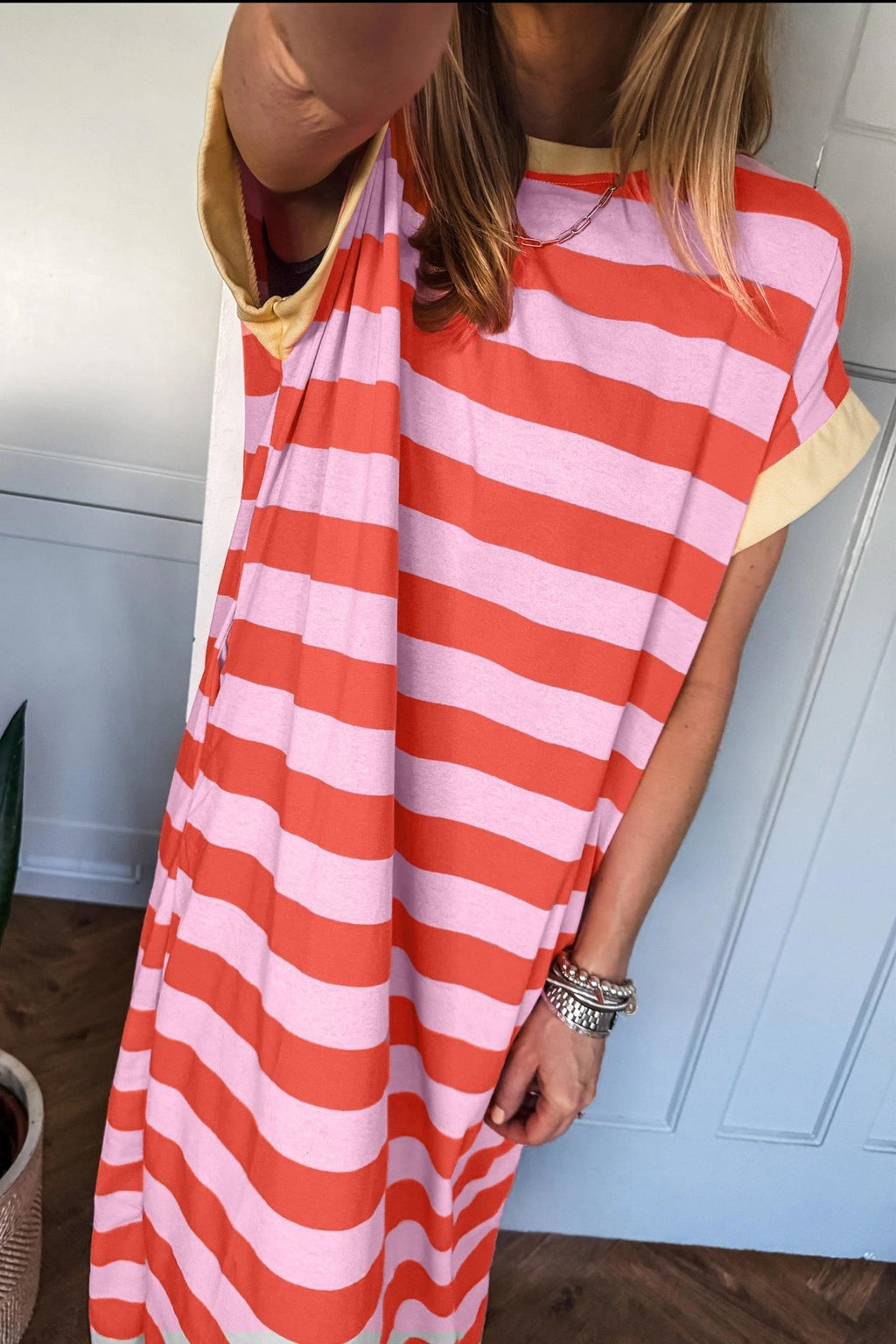 Stripe Cuffed Short Sleeve T-Shirt Long Dress w/ Pockets - Rooted & Reckless Co.