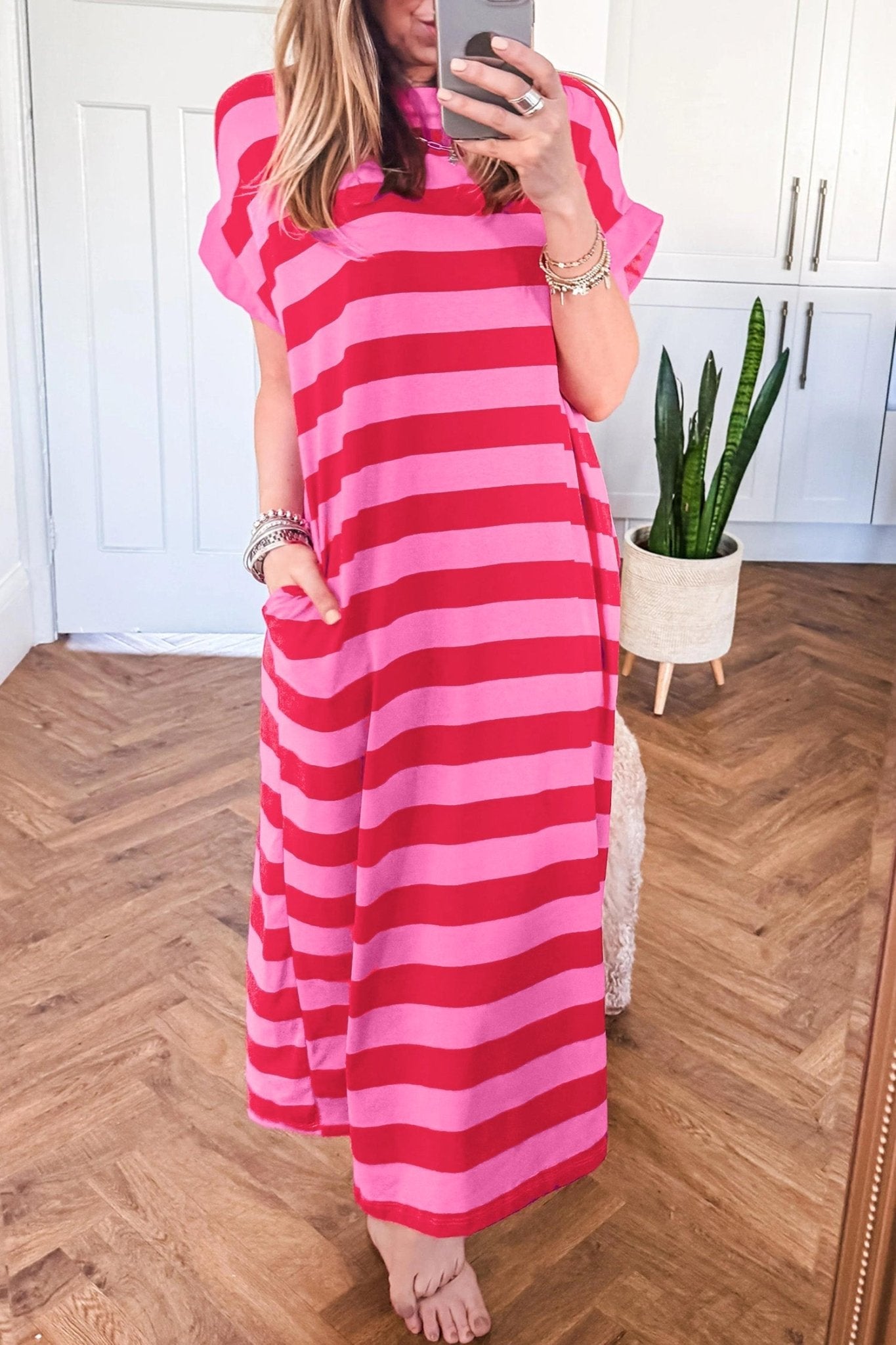 Stripe Cuffed Short Sleeve T-Shirt Long Dress w/ Pockets - Rooted & Reckless Co.