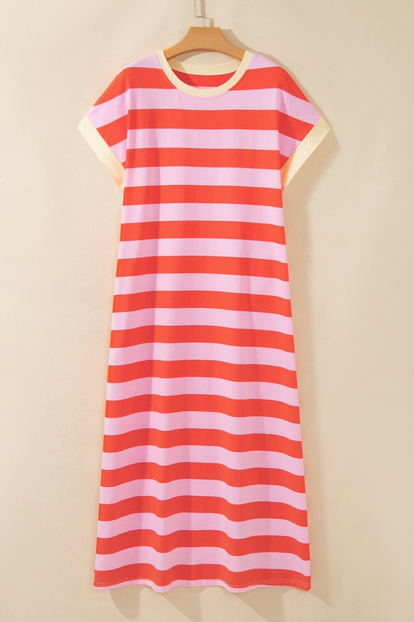 Stripe Cuffed Short Sleeve T-Shirt Long Dress w/ Pockets - Rooted & Reckless Co.