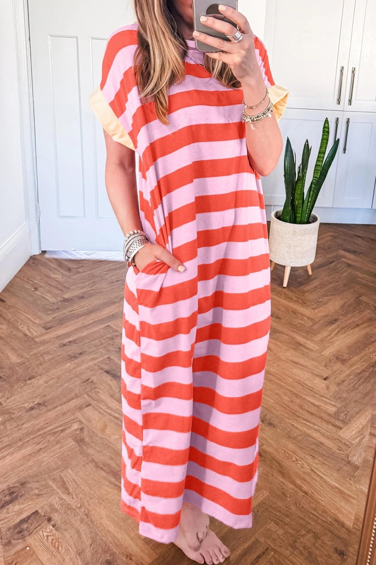 Stripe Cuffed Short Sleeve T-Shirt Long Dress w/ Pockets - Rooted & Reckless Co.