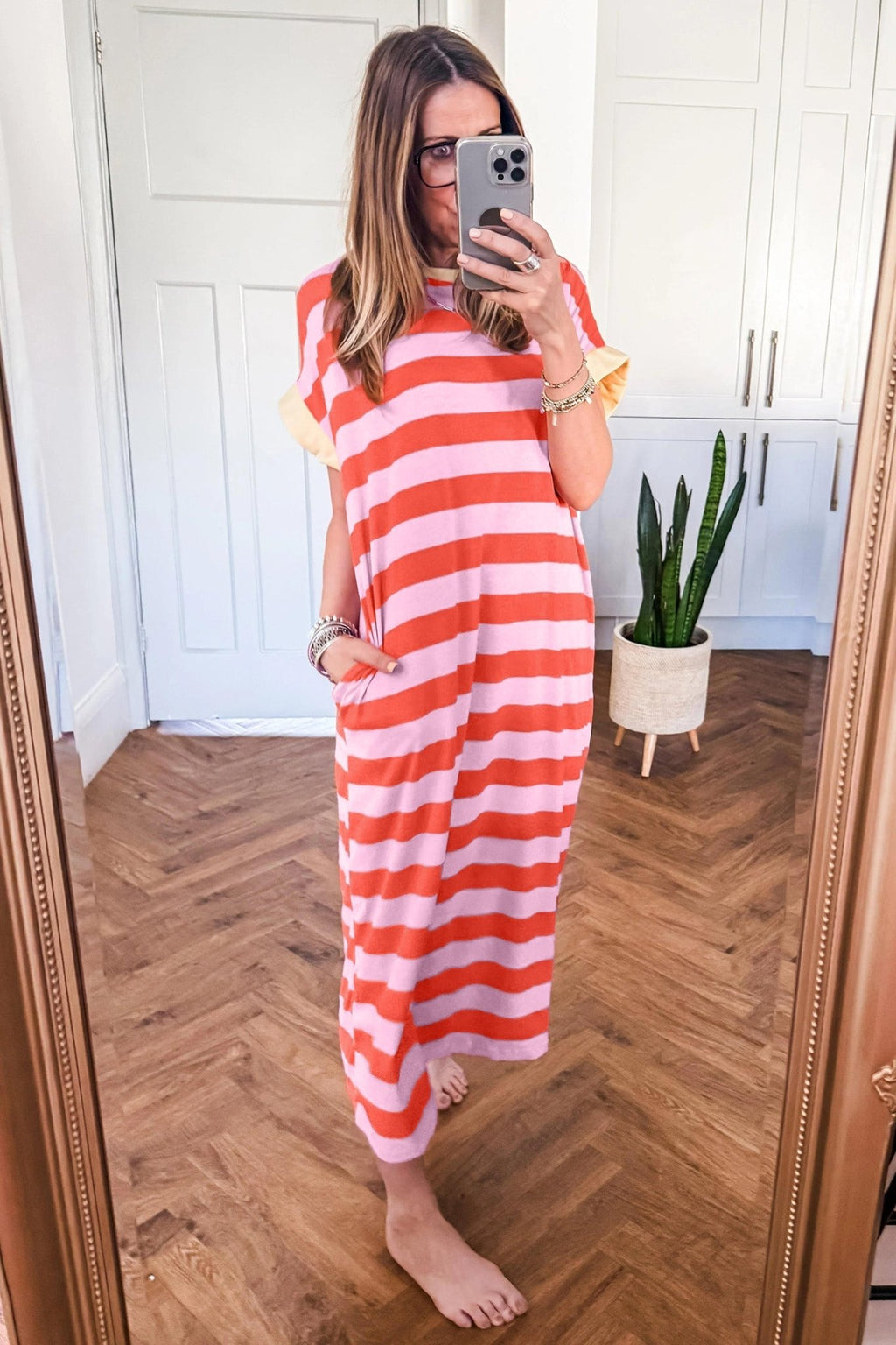 Stripe Cuffed Short Sleeve T-Shirt Long Dress w/ Pockets - Rooted & Reckless Co.