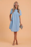 Stripe Denim Buttoned Back Mini T-Shirt Dress - Rooted & Reckless Co.