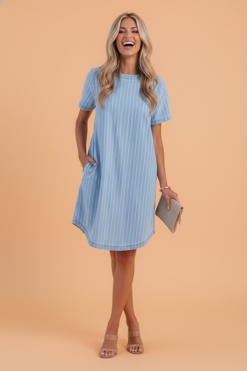 Stripe Denim Buttoned Back Mini T-Shirt Dress - Rooted & Reckless Co.