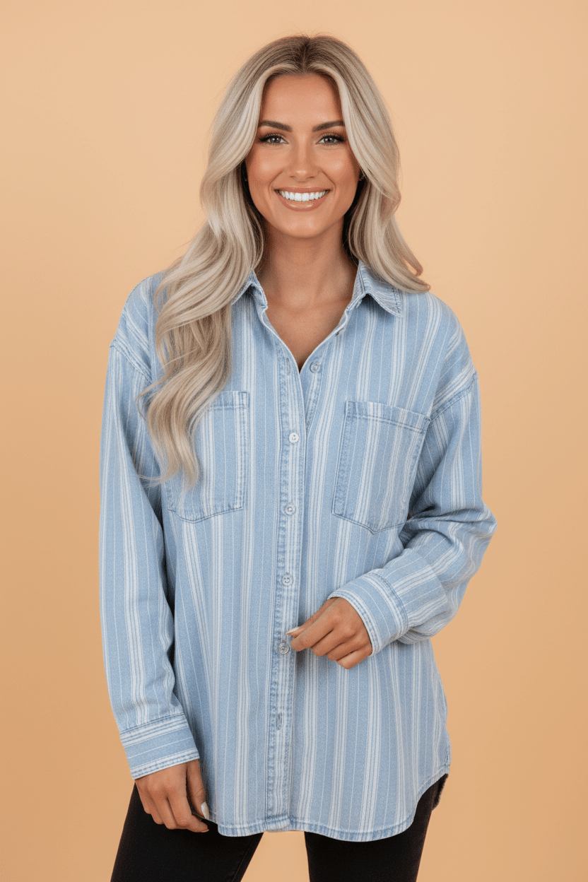 Stripe Denim Chest Pocket Boyfriend Shacket - Rooted & Reckless Co.