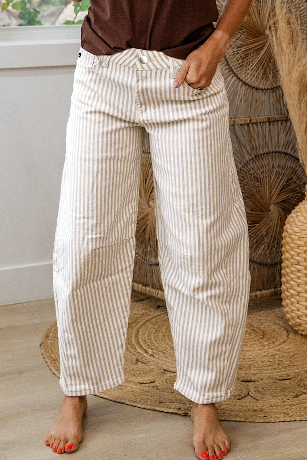 Stripe Denim High Waist Barrel Leg Jeans - Rooted & Reckless Co.