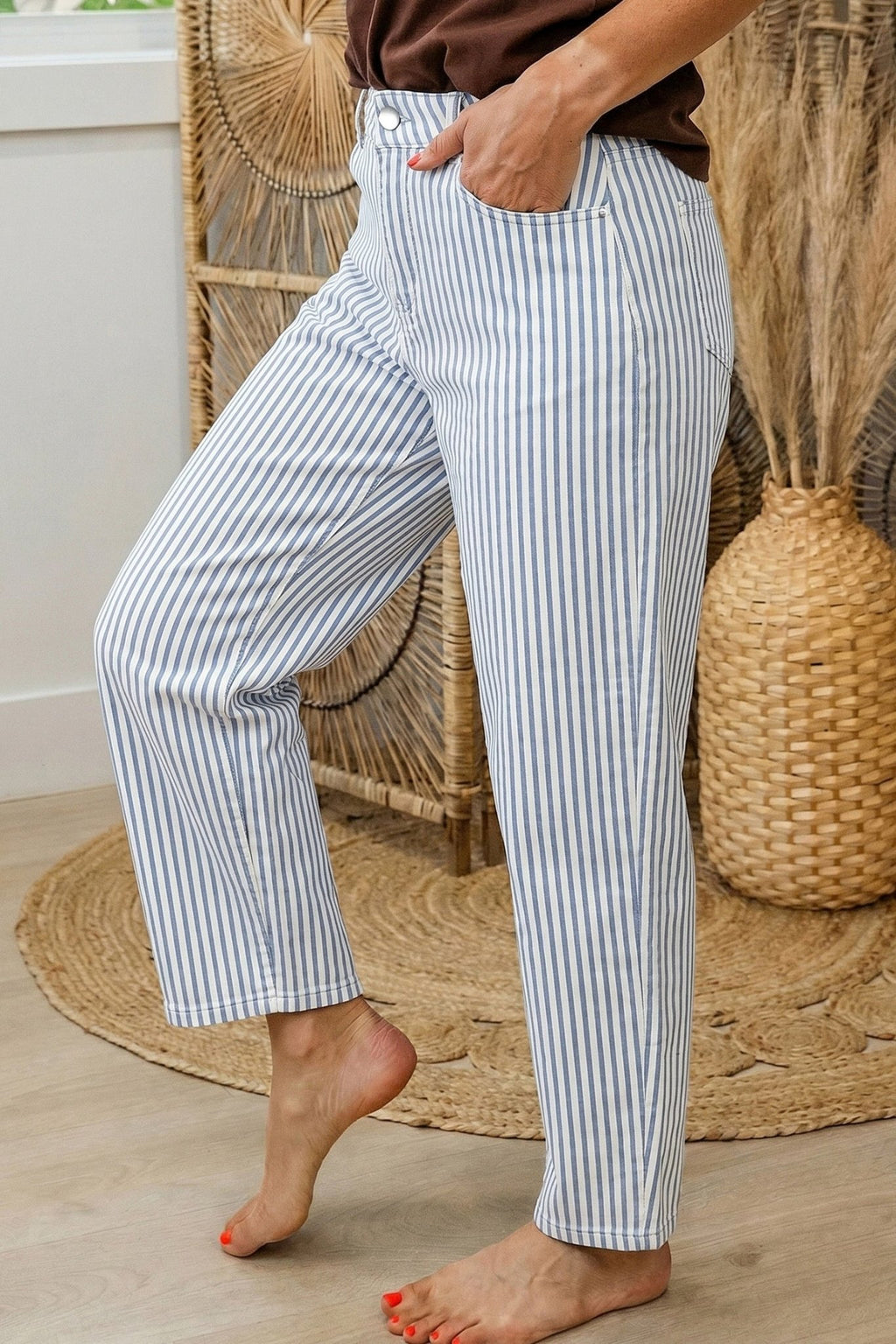 Stripe Denim High Waist Barrel Leg Jeans - Rooted & Reckless Co.