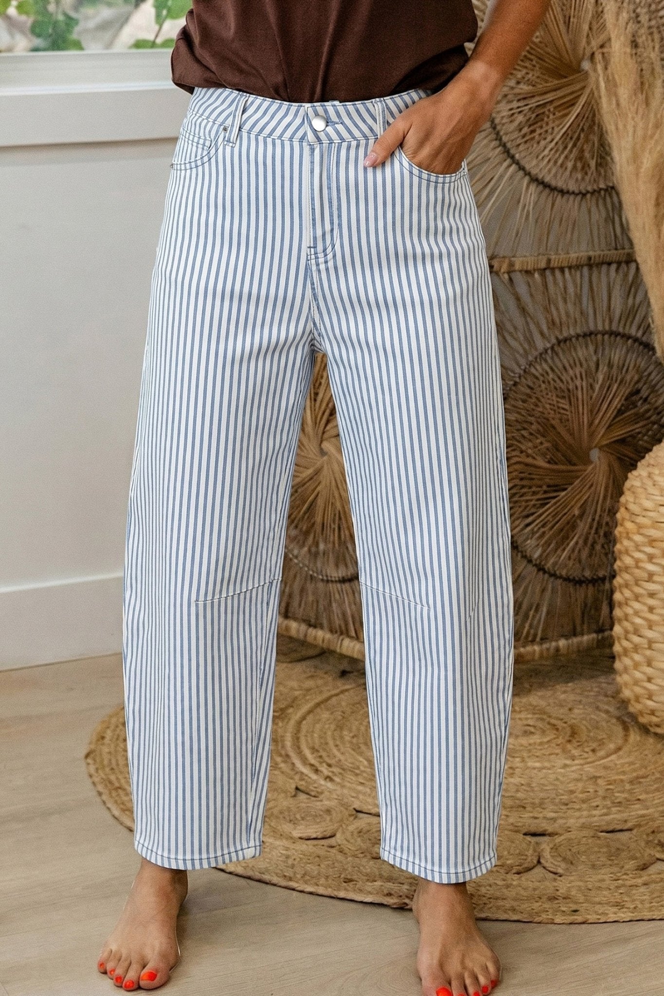 Stripe Denim High Waist Barrel Leg Jeans - Rooted & Reckless Co.
