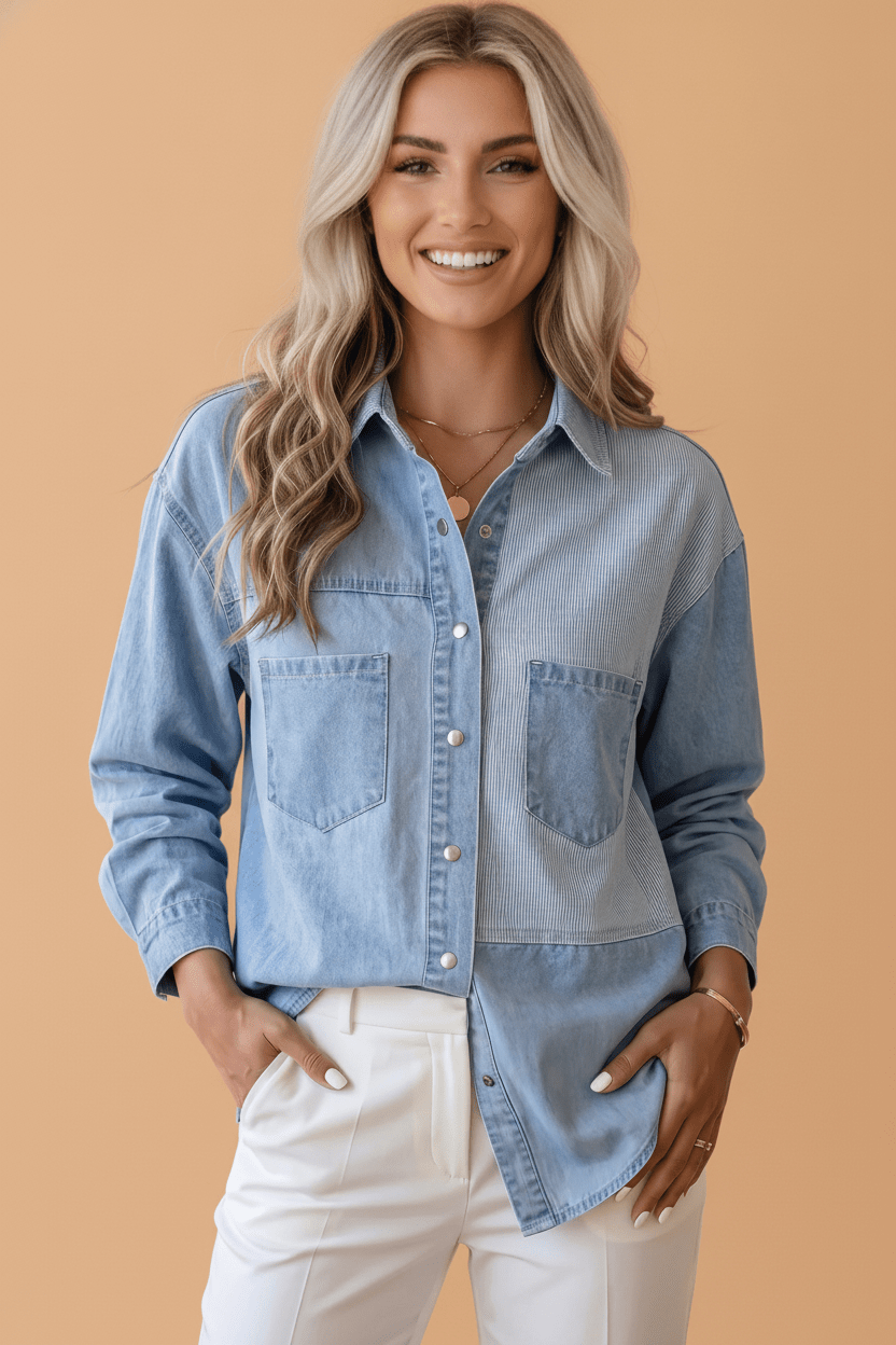 Stripe Denim Patchwork Button Down Shacket - Rooted & Reckless Co.