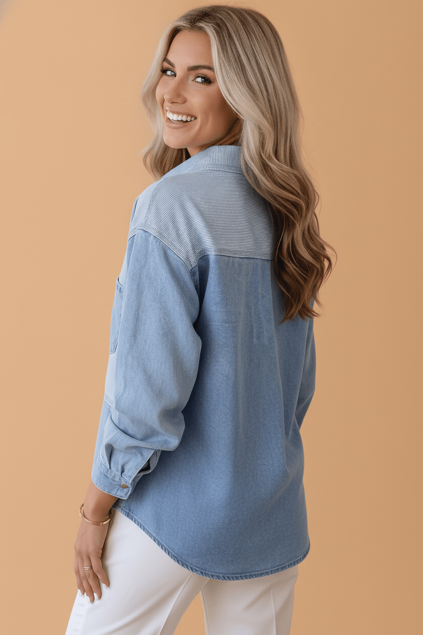 Stripe Denim Patchwork Button Down Shacket - Rooted & Reckless Co.