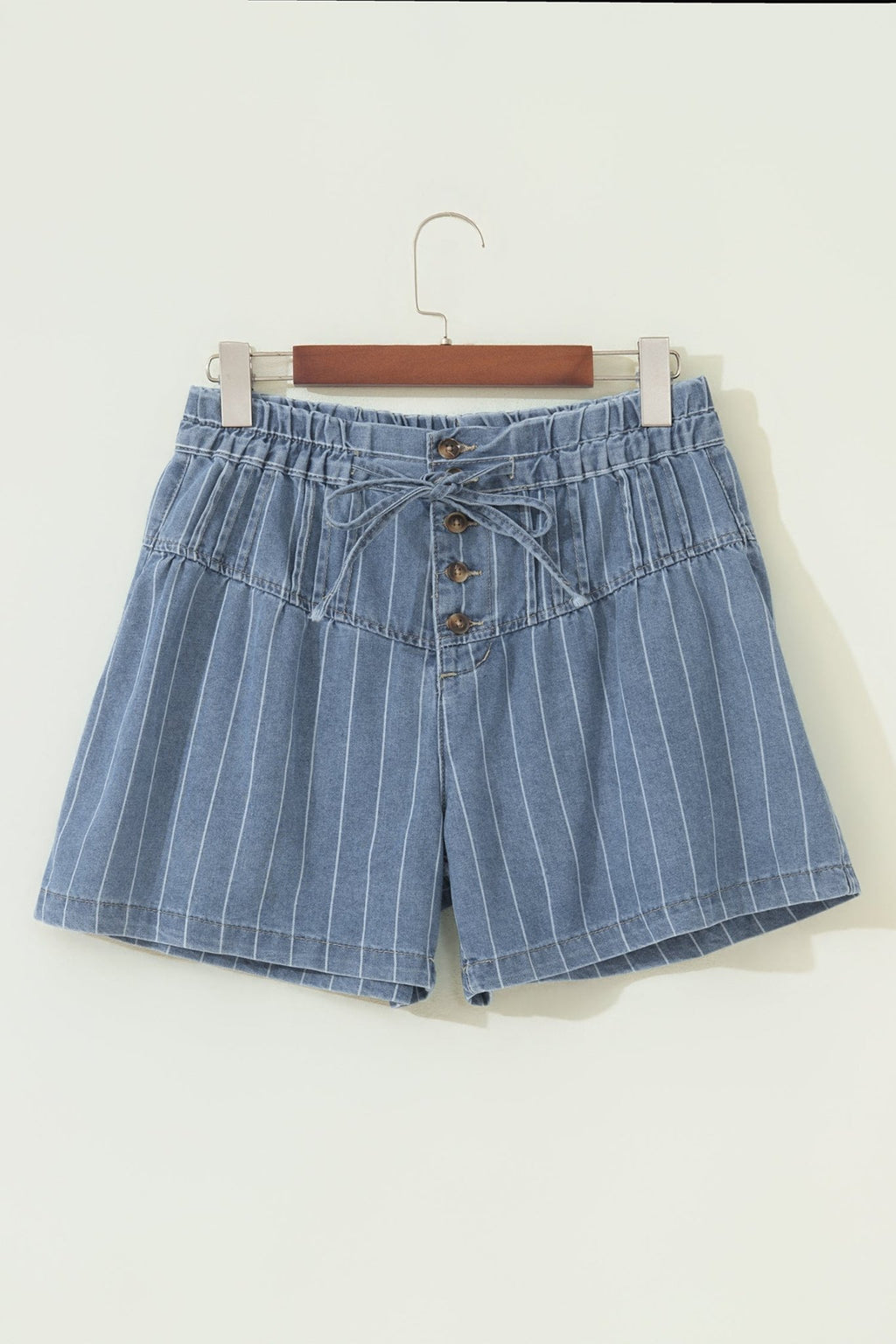 Stripe Denim Pleated Drawstring High Waist Shorts - Rooted & Reckless Co.