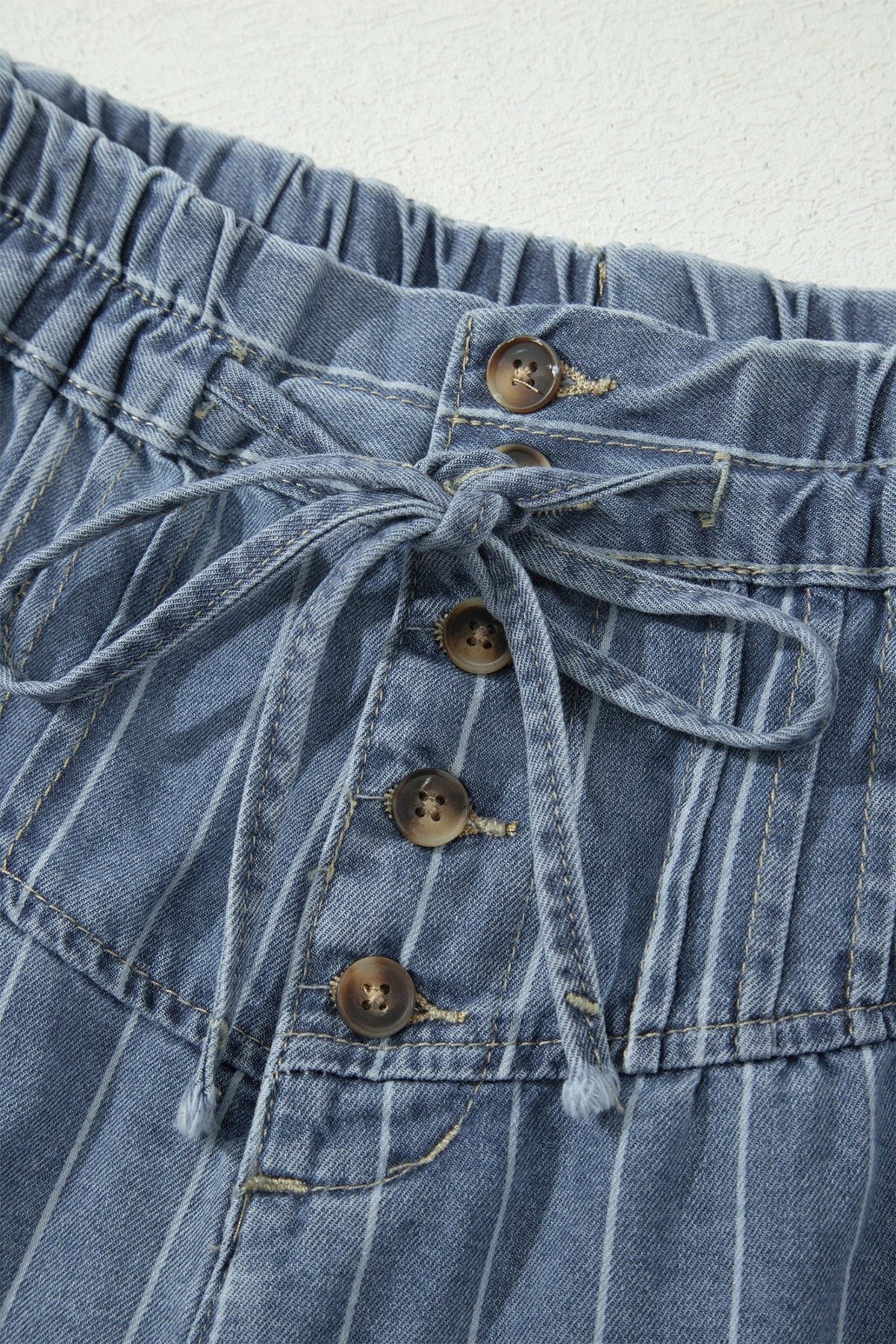 Stripe Denim Pleated Drawstring High Waist Shorts - Rooted & Reckless Co.