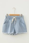 Stripe Denim Raw Edge Drawstring Waist Shorts - Rooted & Reckless Co.