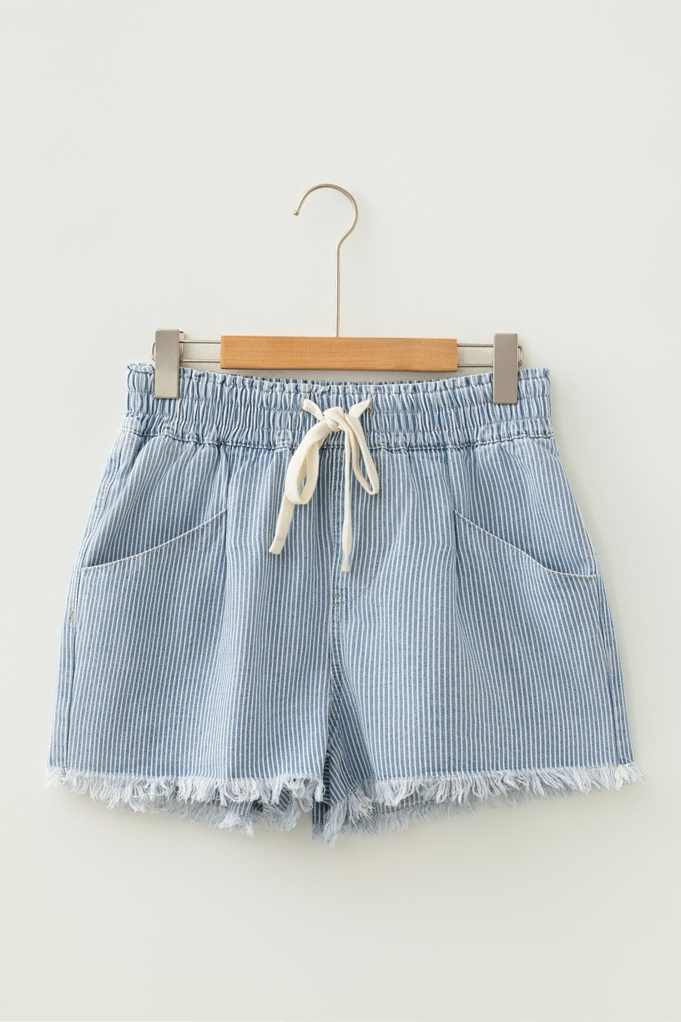 Stripe Denim Raw Edge Drawstring Waist Shorts - Rooted & Reckless Co.
