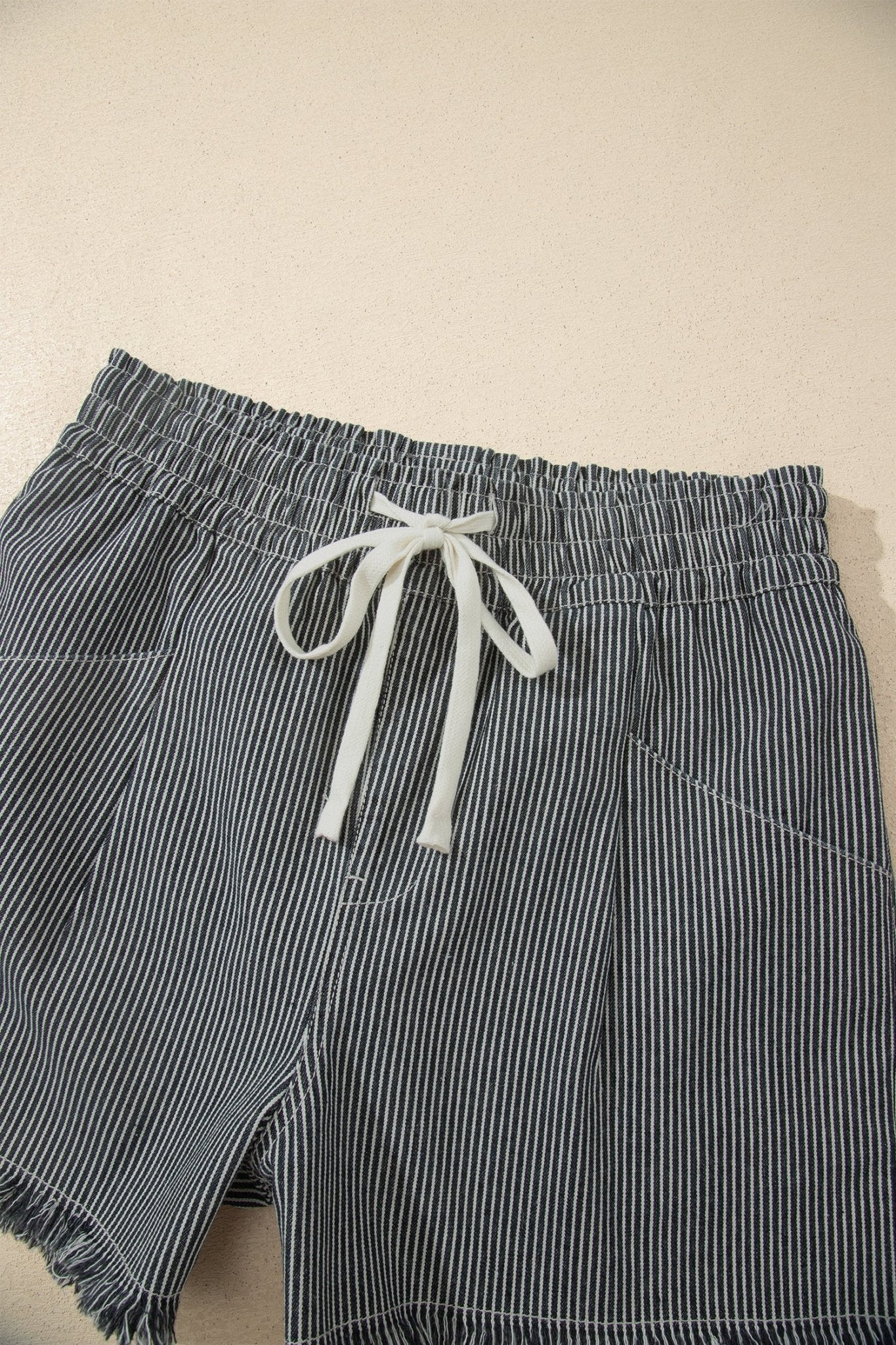 Stripe Denim Raw Edge Drawstring Waist Shorts - Rooted & Reckless Co.