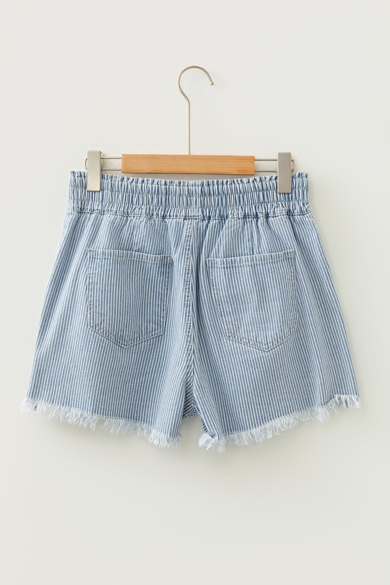 Stripe Denim Raw Edge Drawstring Waist Shorts - Rooted & Reckless Co.