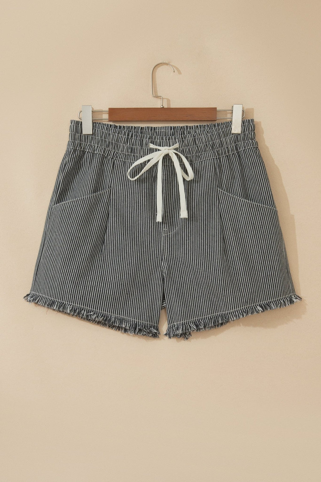Stripe Denim Raw Edge Drawstring Waist Shorts - Rooted & Reckless Co.