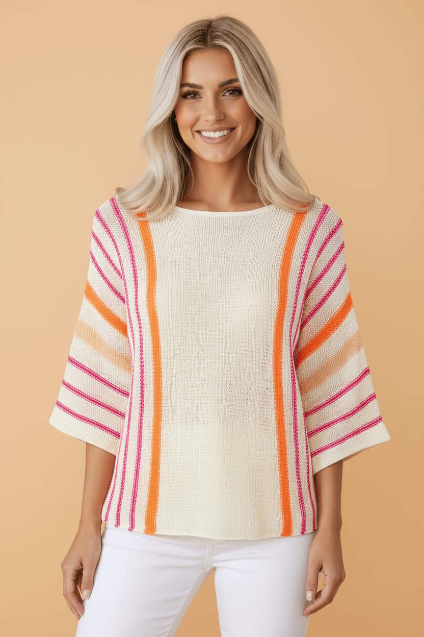 Stripe Detail Wide 3/4 Sleeve Knit Top - Rooted & Reckless Co.
