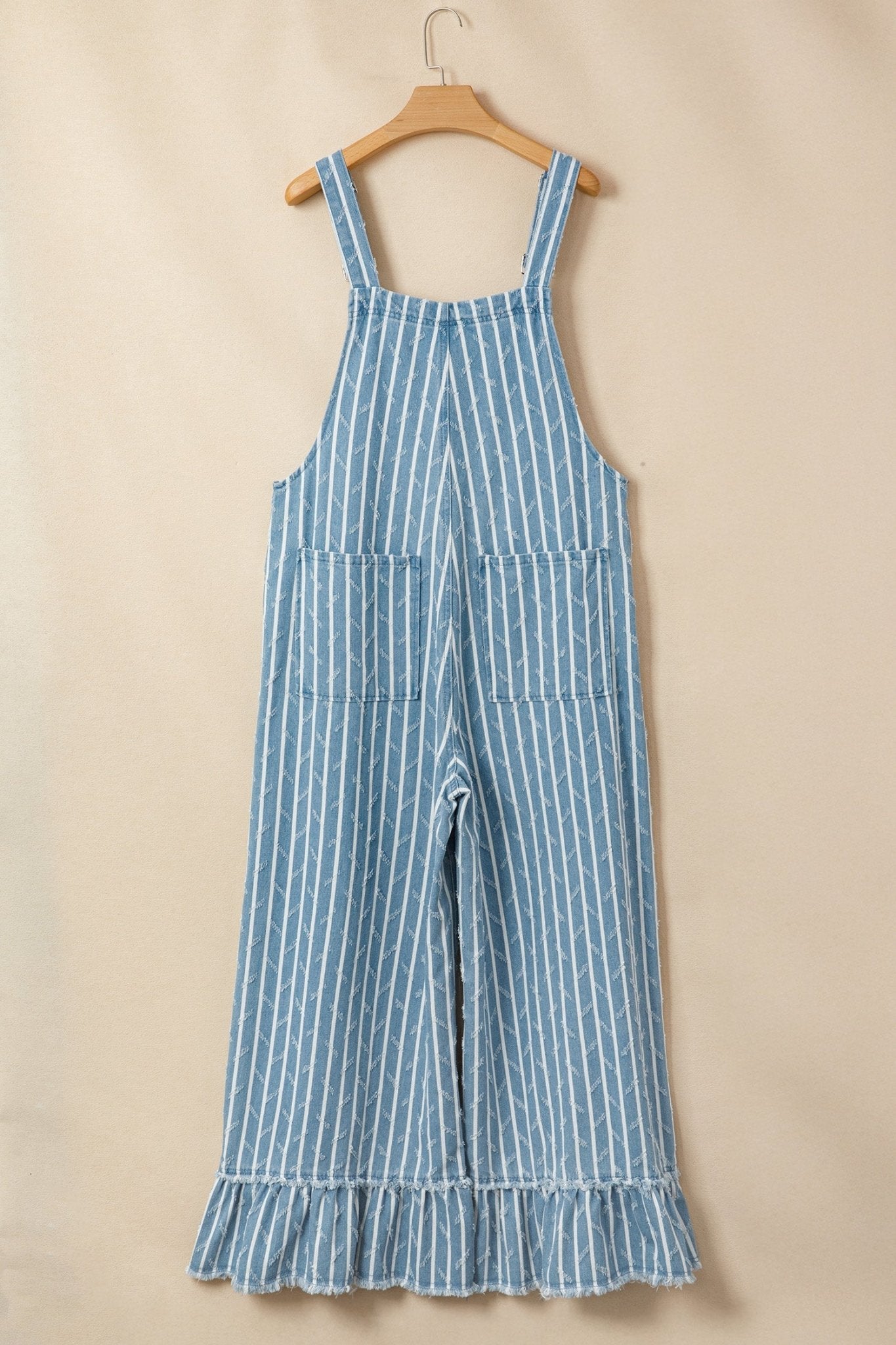 Stripe Distressed Denim Ruffle Wide Leg Overalls - Rooted & Reckless Co.